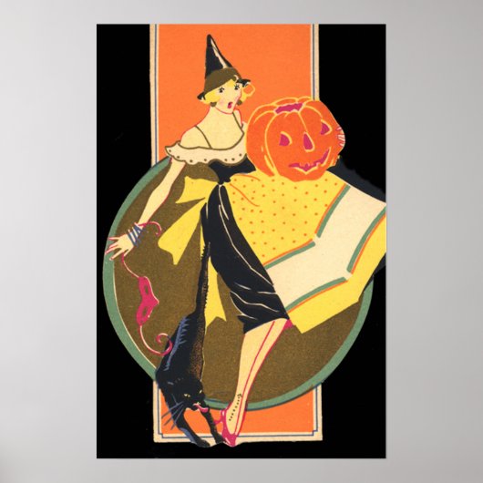 Art Deco Hexe Kürbislaterne Pumpkin Poster (Vorne)