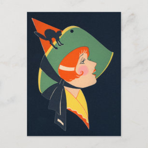 Art Deco Hexe Schwarze Katze Postkarte