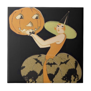 Art Deco Hexen-Jack-O-Lantern-Kürbis schwarze Katz Fliese