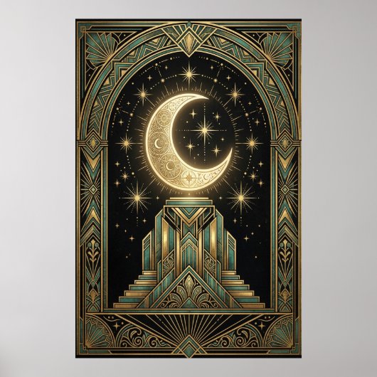 Art Deco Himmel Mond Ziggurat Poster | Gold Tee (Vorne)