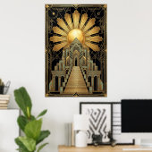 Art Deco Himmlischer Tempel Poster | Goldene Sonne (Heimbüro)