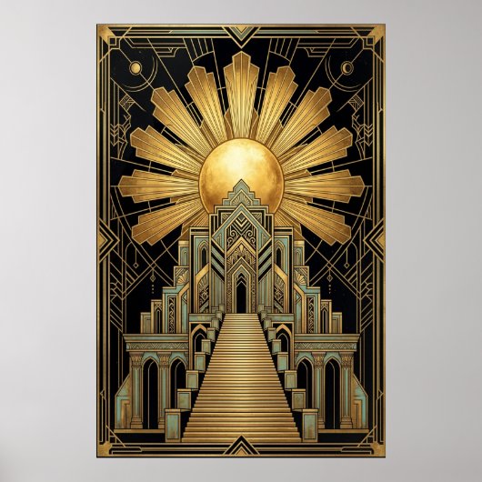 Art Deco Himmlischer Tempel Poster | Goldene Sonne (Vorne)