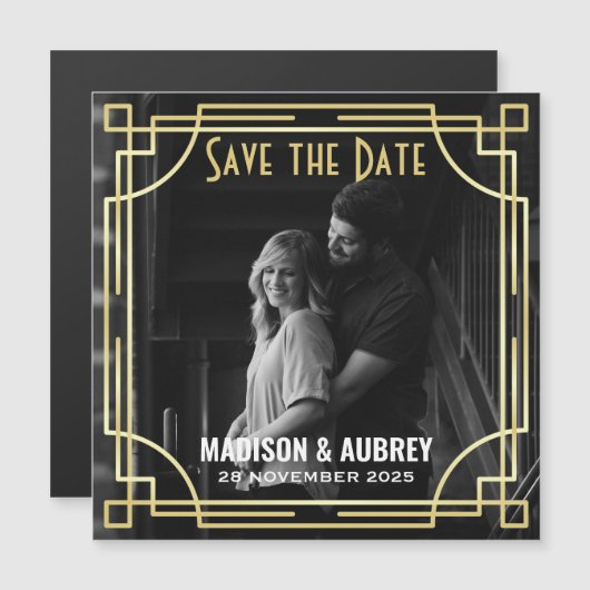 Art Deco Hinzufügen Ihres Fotos Save the Date Gold Magneteinladung (Vorne/Hinten)