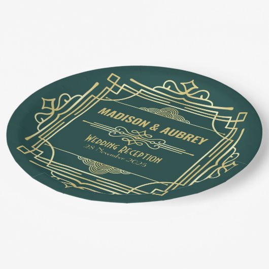 Art Deco Hochzeit Abendessen Party Grün Pappteller (Schrägansicht)