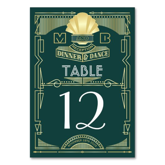 Art Deco Hochzeit Abendessen Party Grün Tischnummer (Rückseite)