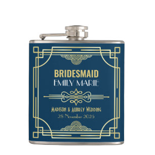 Art Deco Hochzeit Brautjungfer Gold Blau Gefallen Flachmann