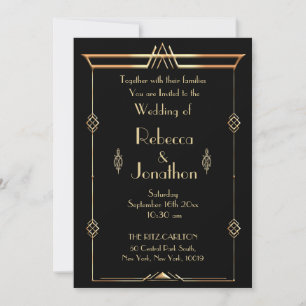 Art Deco Hochzeit Gold auf schwarzer Vintage-Elega Einladung