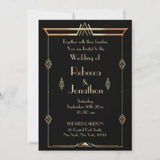 Art Deco Hochzeit Gold auf schwarzer Vintage-Elega Einladung