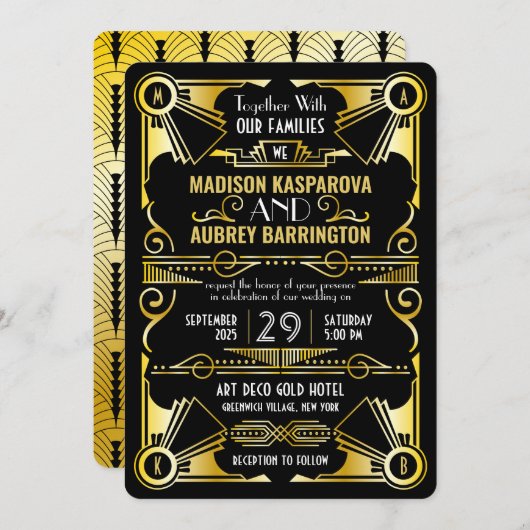 Art Déco Hochzeit Große Gatsby Verziert Black & Go Einladung (Vorne/Hinten)