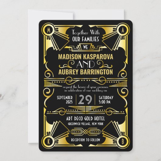 Art Déco Hochzeit Große Gatsby Verziert Black & Go Einladung (Vorderseite)
