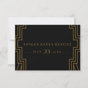 Art Deco Hochzeits-Antwortkarte Gold und Schwarz RSVP Karte