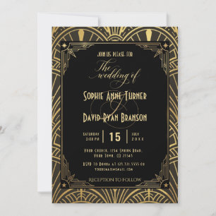 Art Deco Hochzeits-Einladung Schwarz Gold Elegant Einladung