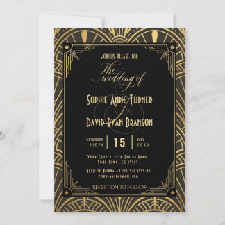 Art Deco Hochzeits-Einladung Schwarz Gold Elegant Einladung