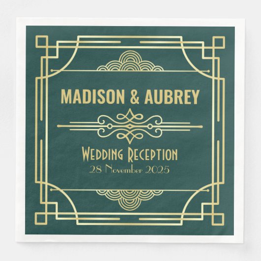 Art Deco Hochzeitsempfang Party Bar Gold Green Serviette (Vorderseite)