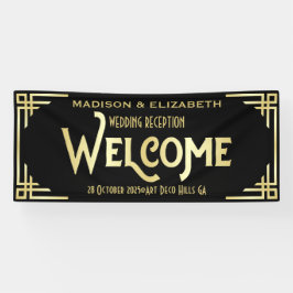 Art Deco Hochzeitsempfang Willkommen Gold Black Banner