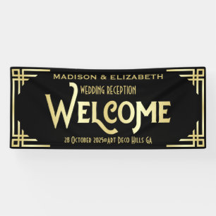 Art Deco Hochzeitsempfang Willkommen Gold Black Banner