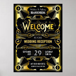 Art Deco Hochzeitsempfang Willkommen Gold & Black Poster