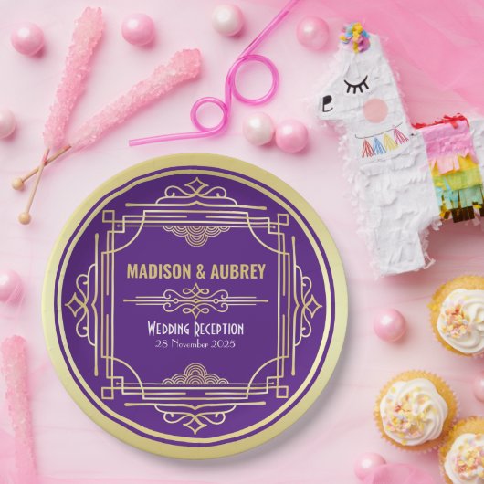 Art Deco Hochzeitsessen Gold Lila Pappteller (Party)