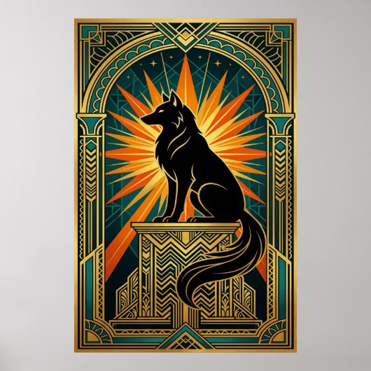 Art Deco Howling Wolf Golden Sunburst Poster (Vorne)