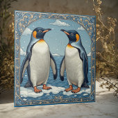 Art Deco Ice Birds Penguin Couple Snow Blue Ocean  Fliese
