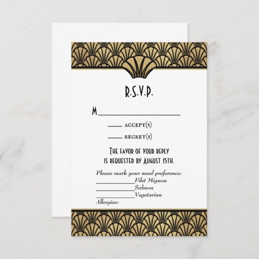 Art Deco Imitats Gold Black Classic Wedding RSVP (Vorne/Hinten)