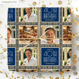 Art Deco Individuelles Altersfoto Geburtstag Navy Geschenkpapier