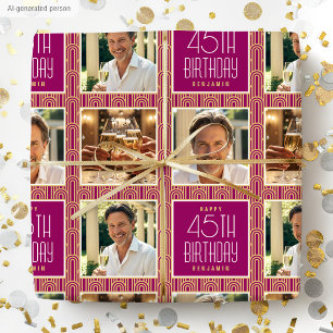 Art Deco Individuelles Altersfoto Geburtstags Rosa Geschenkpapier