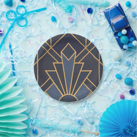 Art Deco Inspiration in Blau und Gold Pappteller (Party)