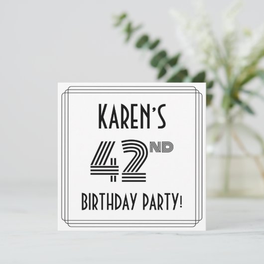 Art Deco Inspired 42nd Birthday Party, Custom Name Einladung (Stehend Vorderseite)