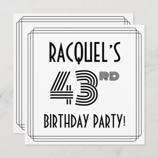 Art Deco Inspired 43rd Birthday Party, Custom Name Einladung (Vorne/Hinten)
