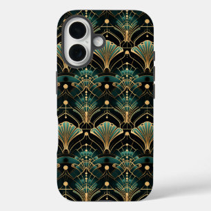 Art Deco inspirierter Emerald-und-Gold-Fächer iPhone 16 Hülle