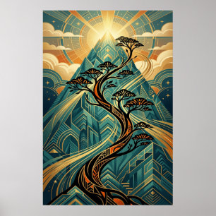 Art Deco Japanischer Bonsai Berg Gold Türkis Poste Poster