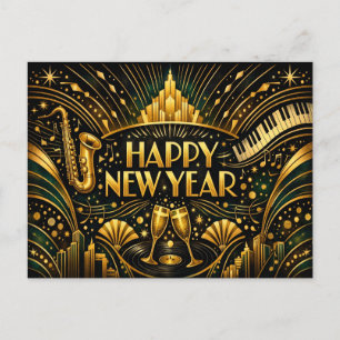 Art Deco Jazz Gold Frohes Neues Jahr Feiertagspostkarte