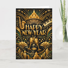 Art Deco Jazz Gold Happy New Year Feiertagskarte