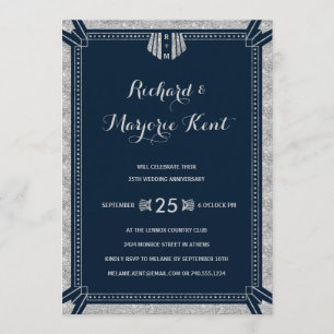 Art Deco Jubiläum Party Silver und Navy Blue Einladung