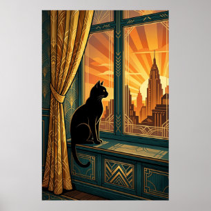 Art Deco Katzen Wandbild beim Blick aus der Fenste Poster