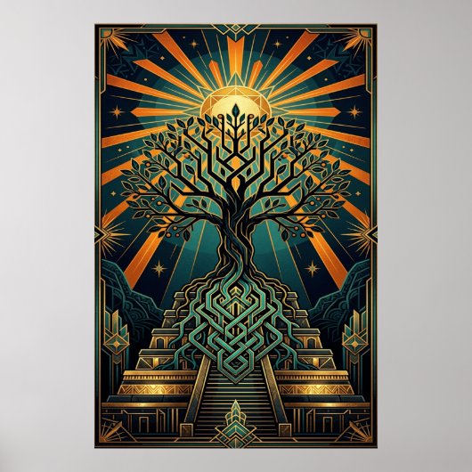 Art Deco Keltischer Lebensbaum Pyramide Gold Türki Poster (Vorne)