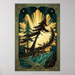 Art Deco Kiefern-Silhouette Gold Türkis Felsen-Pos Poster
