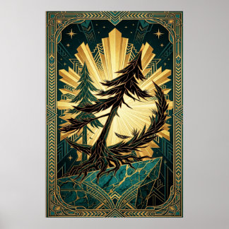 Art Deco Kiefern-Silhouette Gold Türkis Felsen-Pos Poster