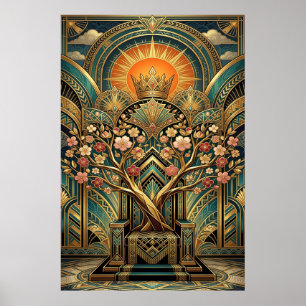 Art Deco Kirschblütenbaum Thron Gold Türkis Poster