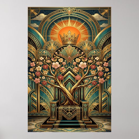 Art Deco Kirschblütenbaum Thron Gold Türkis Poster (Vorne)