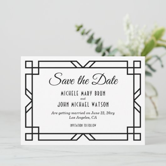 Art Deco Klassik Custom Elegante Schwarz-weiße Hoc Save The Date (Stehend Vorderseite)