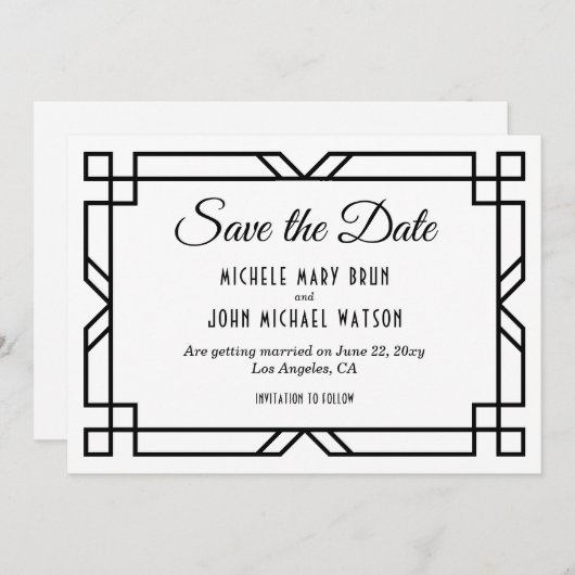 Art Deco Klassik Custom Elegante Schwarz-weiße Hoc Save The Date (Vorne/Hinten)
