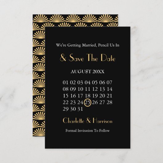 Art Deco Klassische Black Gold Hochzeit Save The Date (Vorne/Hinten)