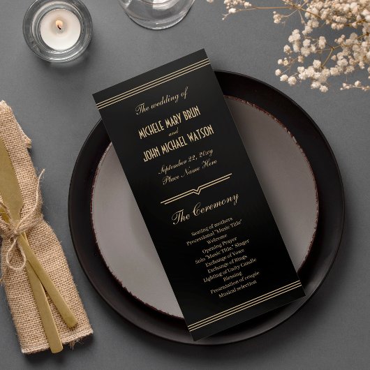 Art Deco Klassische schwarze Hochzeitsprogrammkart