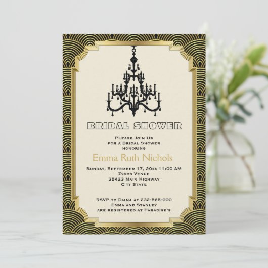 Art-Deco-Kronleuchter Gold Hochzeit Brautparty Einladung (Stehend Vorderseite)