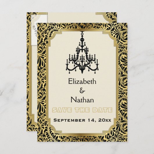 Art Deco Kronleuchter Hochzeit Sichern Sie das Dat Ankündigungspostkarte (Vorne/Hinten)