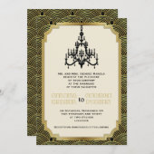 Art Deco Kronleuchter schwarz, Gold seigaiha Hochz Einladung (Vorne/Hinten)