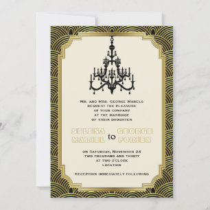 Art Deco Kronleuchter schwarz, Gold seigaiha Hochz Einladung