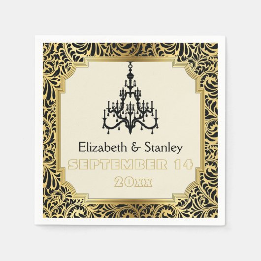 Art-Deco-Kronleuchter schwarz, goldfarbene Damast  Serviette (Vorderseite)